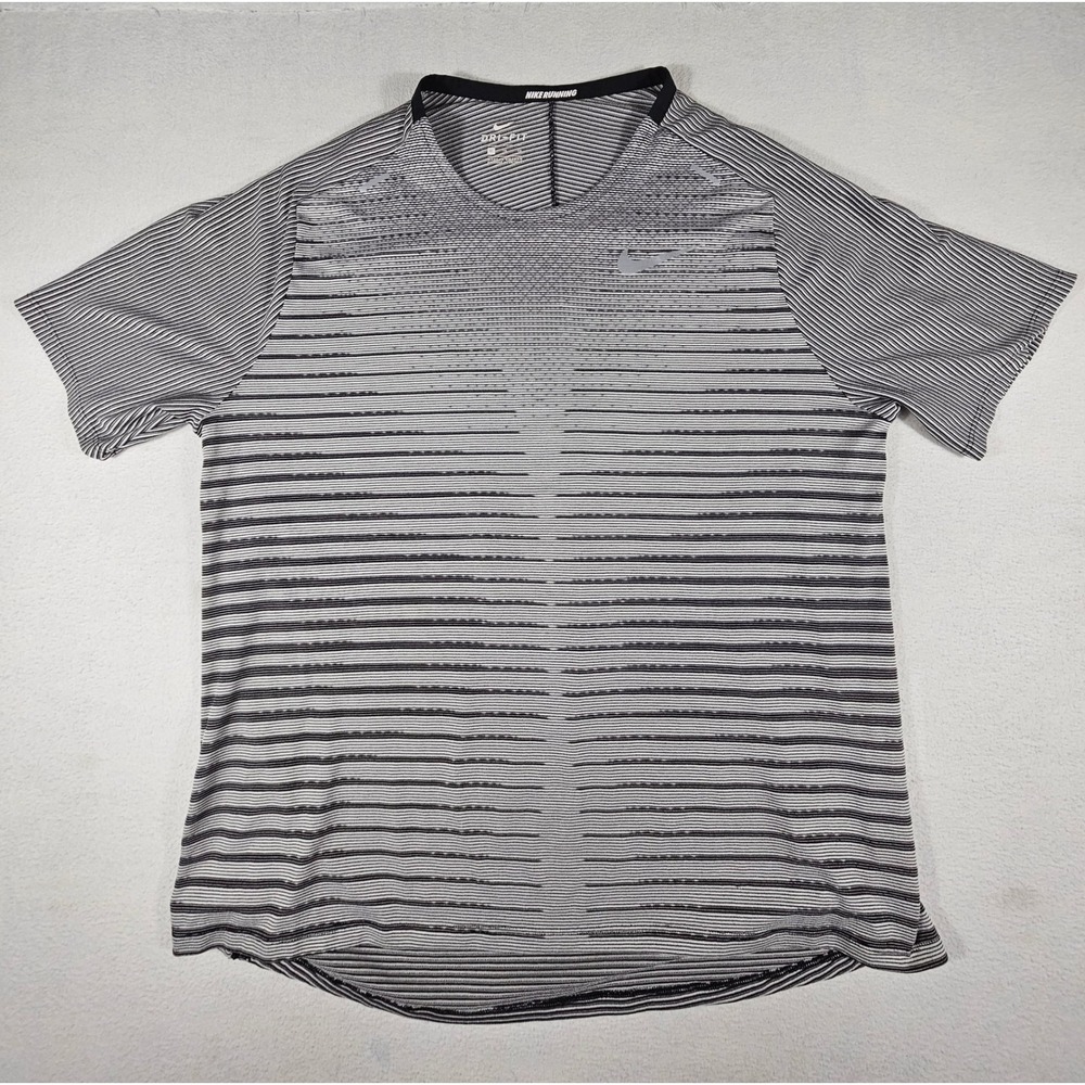 Nike Running Dri-FIT Shirt Mens XL Black White Striped Short Sleeve CU6056-010